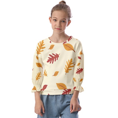 Leaves Autumn Fall Background Kids  Cuff Sleeve Top by Pakjumat