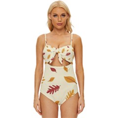 Leaves Autumn Fall Background Knot Front One-piece Swimsuit by Pakjumat