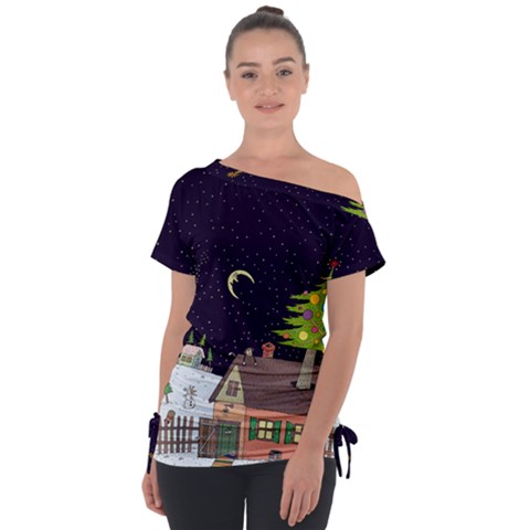 House Tree Man Moon Night Stars Off Shoulder Tie-up T-shirt by Pakjumat