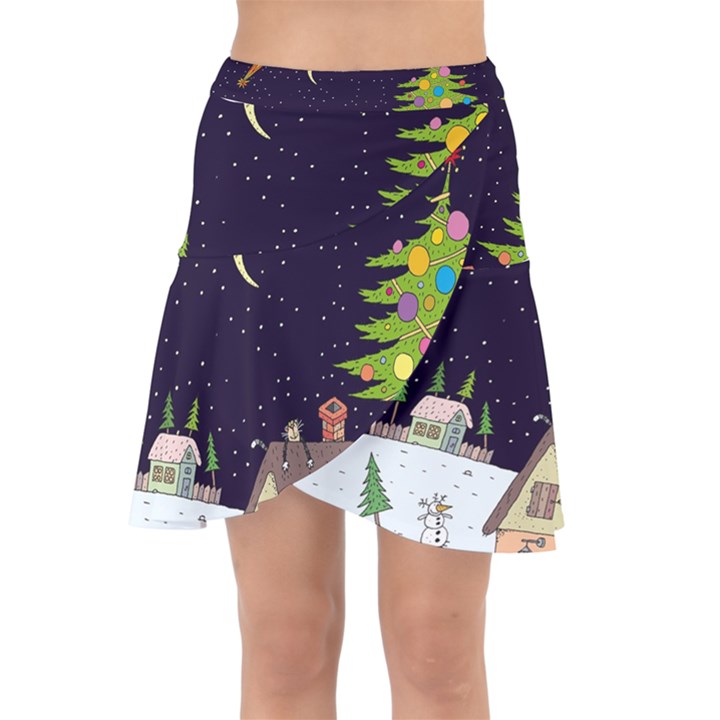 House Tree Man Moon Night Stars Wrap Front Skirt