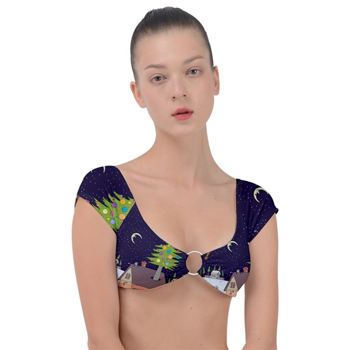 House Tree Man Moon Night Stars Cap Sleeve Ring Bikini Top