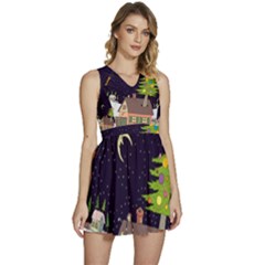 House Tree Man Moon Night Stars Sleeveless High Waist Mini Dress