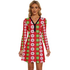 Festive Pattern Christmas Holiday Long Sleeve Deep V Mini Dress  by Pakjumat