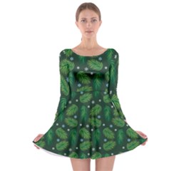 Leaves Snowflake Pattern Holiday Long Sleeve Skater Dress by Pakjumat