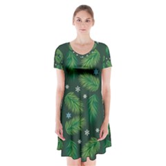 Leaves Snowflake Pattern Holiday Short Sleeve V-neck Flare Dress by Pakjumat