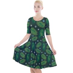 Leaves Snowflake Pattern Holiday Quarter Sleeve A-line Dress by Pakjumat