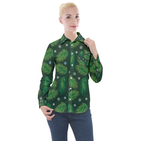 Leaves Snowflake Pattern Holiday Women s Long Sleeve Pocket Shirt by Pakjumat