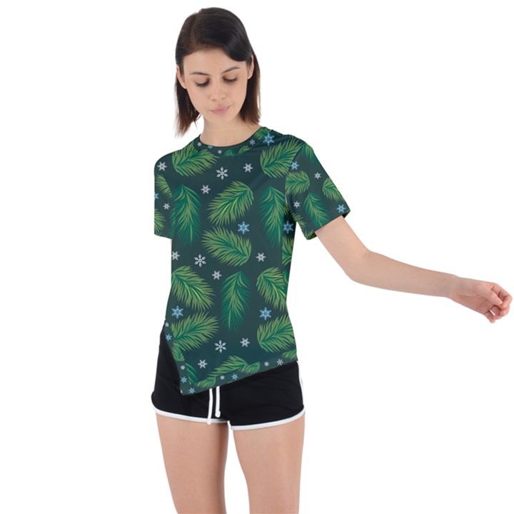 Leaves Snowflake Pattern Holiday Asymmetrical Short Sleeve Sports T-Shirt