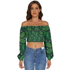 Leaves Snowflake Pattern Holiday Long Sleeve Crinkled Weave Crop Top by Pakjumat