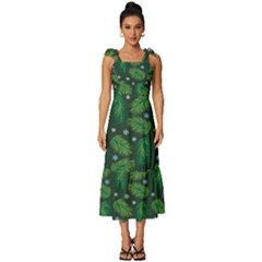 Leaves Snowflake Pattern Holiday Tie-strap Tiered Midi Chiffon Dress