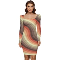 Twirl Swirl Waves Pattern Women Long Sleeve Ruched Stretch Jersey Dress by Pakjumat