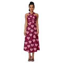 Pattern Pink Abstract Heart Sleeveless Cross Front Cocktail Midi Chiffon Dress