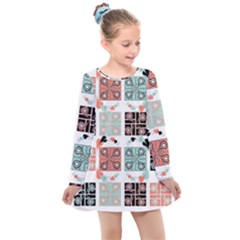 Mint Black Coral Heart Paisley Kids  Long Sleeve Dress by Pakjumat