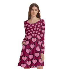 Pattern Pink Abstract Heart Long Sleeve Knee Length Skater Dress With Pockets by Pakjumat