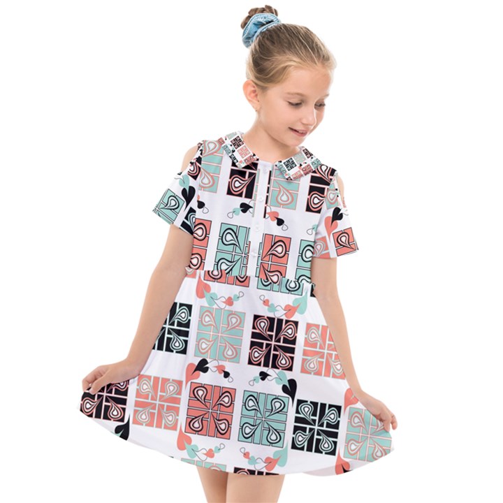 Mint Black Coral Heart Paisley Kids  Short Sleeve Shirt Dress