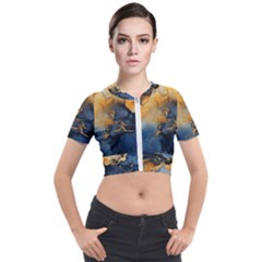 Abstract Marble Design Background Short Sleeve Cropped Jacket by Pakjumat