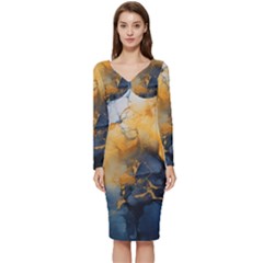 Abstract Marble Design Background Long Sleeve V-neck Bodycon Dress  by Pakjumat