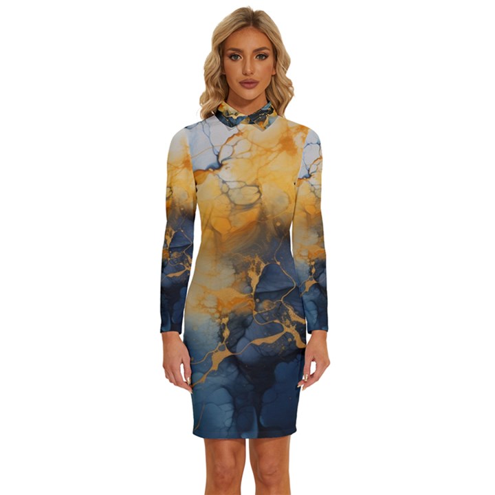 Abstract Marble Design Background Long Sleeve Shirt Collar Bodycon Dress