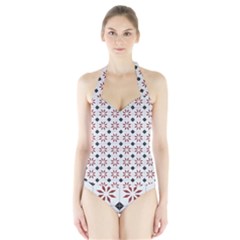 Tile Pattern Design Flowers Halter Swimsuit by Pakjumat