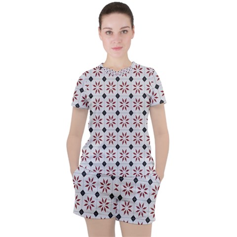 Tile Pattern Design Flowers Women s T-shirt And Shorts Set by Pakjumat