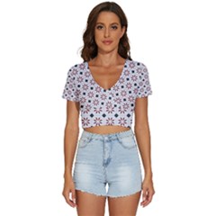 Tile Pattern Design Flowers V-neck Crop Top by Pakjumat