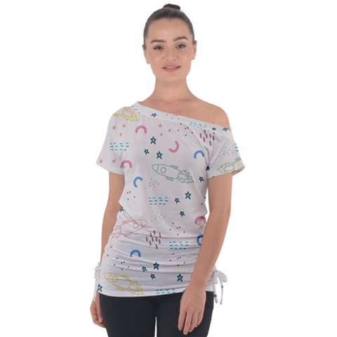 Spaceship Pattern Star Off Shoulder Tie-up T-shirt by Pakjumat