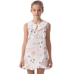 Spaceship Pattern Star Kids  Pilgrim Collar Ruffle Hem Dress by Pakjumat