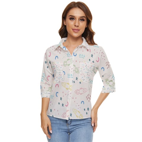 Spaceship Pattern Star Women s Quarter Sleeve Pocket Shirt by Pakjumat