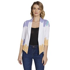 Border Frame Colorful Brush Strokes Women s Draped Front 3/4 Sleeve Shawl Collar Jacket by Pakjumat