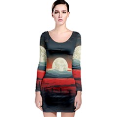 Winter Painting Moon Night Sky Long Sleeve Bodycon Dress by Pakjumat