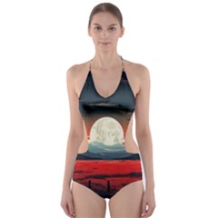 Winter Painting Moon Night Sky Cut-out One Piece Swimsuit by Pakjumat