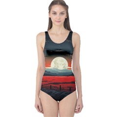 Winter Painting Moon Night Sky One Piece Swimsuit by Pakjumat