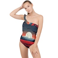 Winter Painting Moon Night Sky Frilly One Shoulder Swimsuit by Pakjumat