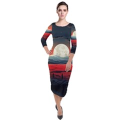 Winter Painting Moon Night Sky Quarter Sleeve Midi Velour Bodycon Dress by Pakjumat