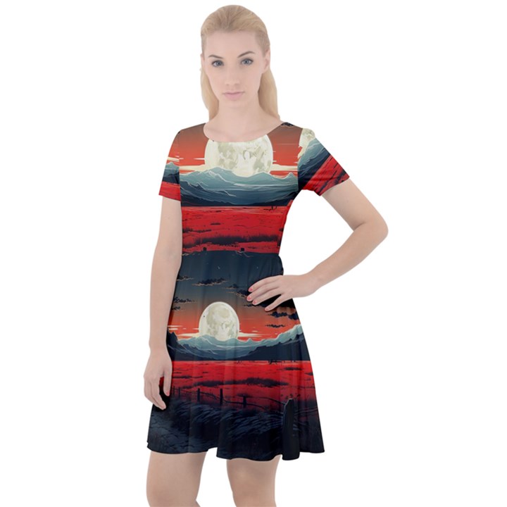 Winter Painting Moon Night Sky Cap Sleeve Velour Dress 