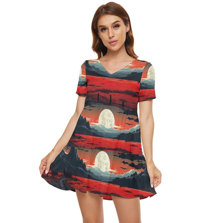 Winter Painting Moon Night Sky Tiered Short Sleeve Babydoll Dress