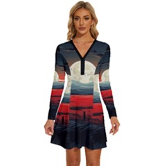 Winter Painting Moon Night Sky Long Sleeve Deep V Mini Dress  by Pakjumat