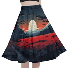 Winter Painting Moon Night Sky A-line Full Circle Midi Skirt With Pocket by Pakjumat