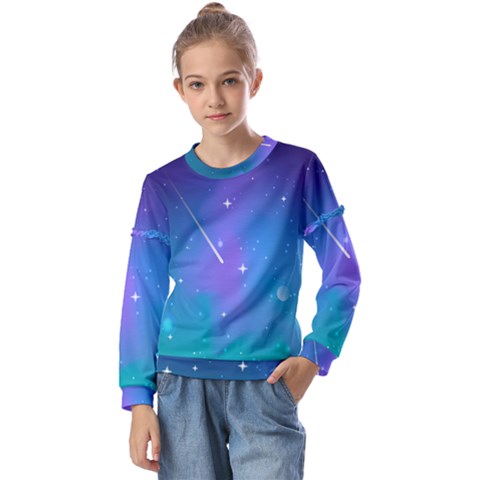 Stars Sky Cosmos Galaxy Kids  Long Sleeve T-shirt With Frill  by Pakjumat