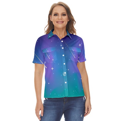 Stars Sky Cosmos Galaxy Women s Short Sleeve Double Pocket Shirt by Pakjumat