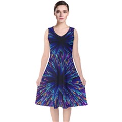 Abstract Beam Blast V-neck Midi Sleeveless Dress  by Pakjumat