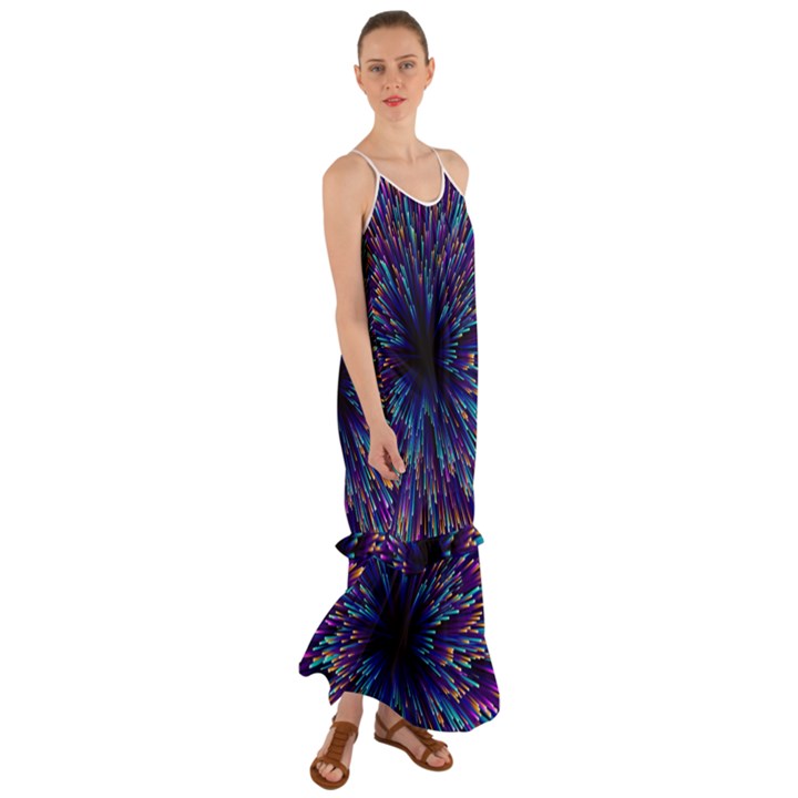 Abstract Beam Blast Cami Maxi Ruffle Chiffon Dress