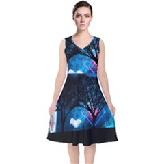 Trees Surreal Universe Silhouette V-neck Midi Sleeveless Dress  by Pakjumat