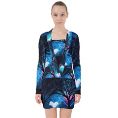 Trees Surreal Universe Silhouette V-neck Bodycon Long Sleeve Dress by Pakjumat