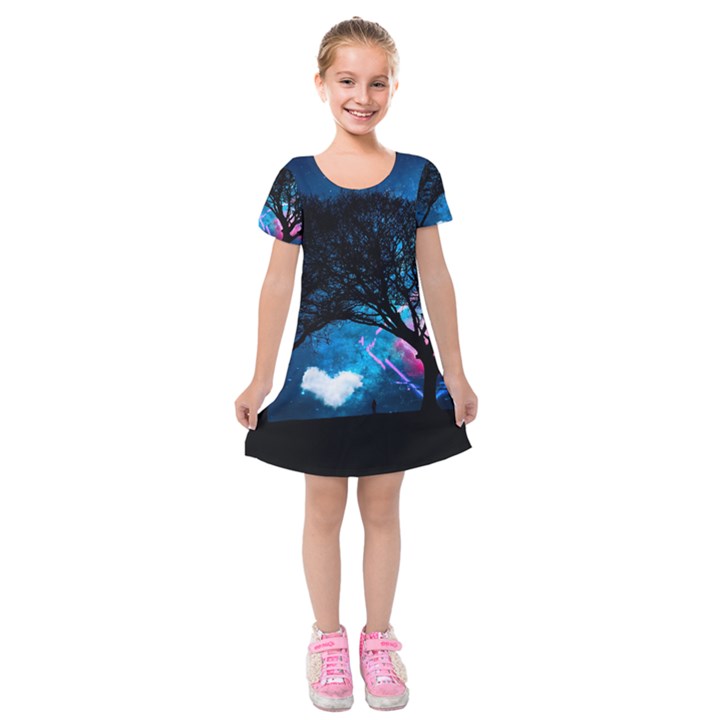 Trees Surreal Universe Silhouette Kids  Short Sleeve Velvet Dress