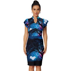 Trees Surreal Universe Silhouette Vintage Frill Sleeve V-neck Bodycon Dress by Pakjumat