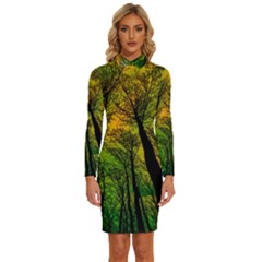 Landscape Night Moon Star Nature Long Sleeve Shirt Collar Bodycon Dress by Pakjumat