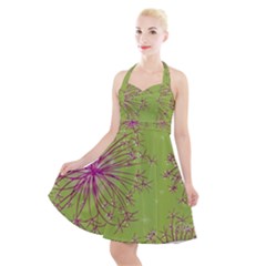 Dandelion Flower Background Nature Flora Drawing Halter Party Swing Dress  by Pakjumat