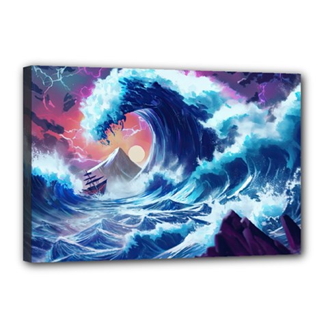 Storm Tsunami Waves Ocean Sea Nautical Nature Canvas 18  X 12  (stretched) by Pakjumat