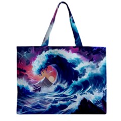 Storm Tsunami Waves Ocean Sea Nautical Nature Zipper Mini Tote Bag by Pakjumat